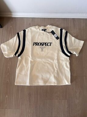 Fashion Nova Cream Graphic Tee with Black Stripes